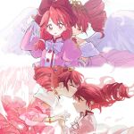  2girls artist_request bead_bracelet beads bow bowtie bracelet buttons closed_eyes closed_mouth collared_dress commission detached_sleeves dress drill_hair dual_persona earrings elbow_gloves feathered_wings feathers fine_(futagohime) fine_(universal_princess)_(futagohime) floating_hair frilled_gloves frills fushigiboshi_no_futago_hime gloves gold_bracelet gold_earrings gold_tiara gown hair_between_eyes hair_half_over_shoulder hand_on_headset heart heart_earrings high_collar highres hug hug_from_behind interlocked_fingers jewelry juliet_sleeves kiss kissing_forehead kissing_head long_dress long_hair long_sleeves low-tied_long_hair low_twintails multiple_girls multiple_views off-shoulder_dress off_shoulder own_hands_together pink_dress pink_hair pink_sleeves puffy_sleeves second-party_source short_hair short_sleeves short_twintails simple_background smile sparkle spread_wings tiara twin_drills twintails twitter_username watermark white_background white_bow white_bowtie white_gloves white_sleeves white_wings wings 