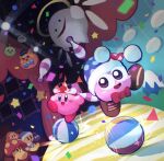  ball beachball blue_bow blue_bowtie blue_eyes blush_stickers bow bowtie cappy_(kirby) circus_kirby clown commentary_request confetti copy_ability dark_background gooey_(kirby) halo hat jester_cap juggling kirby kirby_(series) marx_(kirby) mister_anglep open_mouth poppy_bros_jr propeller_(kirby) purple_eyes red_bow red_bowtie scarfy smile stage stage_lights suyasuyabi twitter_username waddle_dee watermark wings zero_two_(kirby) 