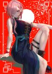  1girl absurdres armlet black_boots black_dress blue_eyes boots china_dress chinese_clothes commentary_request dress flower_knot hair_between_eyes highres hololive jewelry knee_up long_hair long_hair_between_eyes looking_at_viewer one_eye_closed parted_bangs pink_hair qdx4p red_background red_nails side_slit sitting smile solo takane_lui takane_lui_(5th_costume) thigh_strap underbust virtual_youtuber 