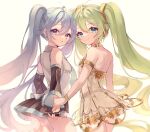  2girls absurdres ahoge aqua_eyes aqua_hair aqua_nails aqua_trim black_skirt breasts closed_mouth collared_shirt detached_sleeves dress dual_persona gramophone_miku green_hair grey_shirt hair_between_eyes hair_ornament hatsune_miku highres holding holding_microphone long_hair long_sleeves looking_at_viewer looking_back medium_breasts microphone miku_symphony_(vocaloid) multiple_girls official_alternate_costume official_alternate_hairstyle open_mouth pleated_skirt shirt short_dress skirt smile strapless strapless_dress tutu twintails very_long_hair vocaloid wata_ramune white_dress wide_sleeves 