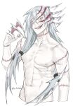 1boy abs absurdres blue_eyes blue_hair collarbone cropped_torso da_re666 grin hair_weapon heterochromia highres jujutsu_kaisen kiseijuu long_hair low-tied_long_hair mahito_(jujutsu_kaisen) male_focus navel nipples pale_skin pectorals sharp_teeth simple_background smile solo stitched_arm stitched_face stitched_groin stitched_neck stitches teeth toned toned_male twitter_username upper_body white_background yellow_eyes 