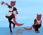 2021 4_toes 5_fingers andromorph_(lore) anthro apron arm_tuft biped black_clothing black_dress black_legwear black_thigh_highs blue_background blush blush_lines bow_ribbon cheek_tuft clothed clothing collar collared_dress countershade_fur countershade_tail countershading covering covering_face crossdressing crouching digitigrade dragon dress elbow_tuft embarrassed embarrassed_male eye_through_hair eyebrow_through_hair eyebrows facial_tuft feet femboy fingers flesh_fang frilly frilly_apron frilly_clothing frilly_dress front_view fully_clothed fur furred_dragon furred_scalie green_eyes hair hand_on_hip hands_on_own_face jumping legwear looking_at_viewer maid_uniform male multicolored_clothing multicolored_dress mythological_creature mythological_scalie mythology on_one_leg open_mouth open_smile outstretched_arm paws pointy_ears prick_ears pupils red_body red_countershading red_fur red_hair scalie sequence shirt_cuffs short_hair simple_background slit_pupils smile snout solo standing tail tapering_tail teeth terra_(terrathewizard) terrathewizard thigh_highs toeless_thigh_highs toes translucent translucent_hair tuft two_tone_clothing two_tone_dress uniform white_apron white_clothing white_dress wingless_dragon