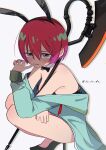  1girl amate_yuzuriha animal_ears aqua_eyes artist_name axe black_leotard blush breasts commentary fake_animal_ears gundam gundam_gquuuuuux hasu_175 heat_hawk high_heels highres holding holding_axe jacket leotard long_sleeves looking_at_viewer open_mouth playboy_bunny rabbit_ears red_hair short_hair simple_background solo strapless strapless_leotard symbol-only_commentary twitter_username white_background 