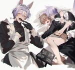  2boys ahoge alternate_costume anal animal_ears antenna_hair apron baegji13 bed_sheet bishounen black_dress black_gloves blush boy_on_top brown_eyes brown_hair crossdressing crossdressing_(mtf) cum cum_on_body cum_on_male cum_on_stomach dress eiden_(nu_carnival) enmaided fangs fox_boy fox_ears fox_tail frilled_apron frills glint gloves hair_between_eyes hand_on_another&#039;s_neck heart heterochromia highres holding holding_tool hug implied_sex jewelry kneeling kuya_(nu_carnival) licking long_sleeves looking_at_viewer lying maid maid_apron male_focus male_maid missionary mole mole_under_eye multiple_boys multiple_views neck_grab nu_carnival nude on_bed one_eye_closed open_mouth purple_eyes purple_hair saliva sex short_hair smile spread_legs sweat tail tears teeth third-party_source tongue tongue_out turtleneck white_apron white_background wrist_cuffs yaoi yellow_eyes 