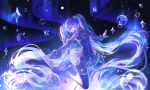  1girl aurora bare_shoulders blue_eyes blue_hair collarbone dress gloves gramophone_miku gramophone_miku_(frostflower) hair_between_eyes hair_ornament hatsune_miku highres long_hair looking_at_viewer miku_symphony_(vocaloid) night night_sky official_alternate_costume official_alternate_hairstyle open_mouth sky solo strapless strapless_dress theazureciel thighhighs tutu twintails very_long_hair vocaloid white_gloves white_thighhighs 