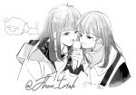  2girls aoki_hina bang_dream! bang_dream!_it&#039;s_mygo!!!!! commentary_request greyscale highres holding holding_microphone hood hood_down jhon_trick kaname_raana microphone monochrome multiple_girls name_connection open_mouth sidelocks simple_background takamatsu_tomori voice_actor voice_actor_connection white_background youmiya_hina 