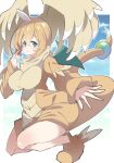  1girl blonde_hair blue_eyes blush breasts day dragonite full_body hair_between_eyes head_wings highres impossible_clothes large_breasts long_sleeves maks_(makusu_210) mega_dragonite outdoors personification pokemon shoes solo tail wide_sleeves wings yellow_shoes 