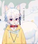  1boy animal_ears bandaid bandaid_on_face bandaid_on_nose collar dog_boy dog_ears hood hoodie lu_yejiu male_focus non-web_source pale_skin red_eyes tail white_animal_ears white_hair yellow_hoodie 