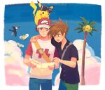  2boys alolan_exeggutor arm_around_shoulder baseball_cap black_shirt blue_oak blue_pants buttons closed_mouth cloud collared_shirt commentary_request cutiefly day green_shorts hat holding holding_map itome_(funori1) male_focus map multiple_boys on_head outdoors pants pikachu pikipek pointing pokemon pokemon_(creature) pokemon_(game) pokemon_on_head pokemon_sm reading red_(pokemon) red_headwear shirt short_sleeves shorts sky strap t-shirt 