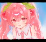  1girl absurdres bare_shoulders blue_sky blush cherry_hair_ornament closed_mouth collared_shirt detached_sleeves food-themed_hair_ornament hair_between_eyes hair_ornament hashtag-only_commentary hatsune_miku highres long_hair looking_at_viewer mynxpearl necktie number_tattoo pink_eyes pink_hair pink_necktie sakura_miku shirt shoulder_tattoo sky sleeveless sleeveless_shirt smile solo sparkle tattoo twintails upper_body vocaloid white_shirt 