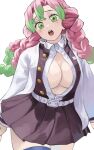  1girl absurdres breasts cleavage demon_slayer_uniform fengling_(furin-jp) green_eyes green_hair haori highres japanese_clothes kanroji_mitsuri kimetsu_no_yaiba large_breasts long_hair looking_at_viewer mole mole_under_each_eye mole_under_eye multicolored_hair multiple_moles open_mouth pink_hair solo tri_braids white_background 