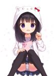  1girl :d animal_ears animal_hood bangs black_hair black_legwear blue_skirt blush bow chitosezaka_suzu commentary_request eyebrows_visible_through_hair fake_animal_ears feet_out_of_frame hand_on_own_knee hand_up hood hood_up hooded_jacket jacket knees_together_feet_apart long_hair looking_at_viewer open_clothes open_jacket open_mouth original panties pink_shirt plaid plaid_bow pleated_skirt purple_eyes red_bow shirt sitting skirt smile solo thighhighs underwear white_background white_bow white_jacket white_panties 