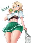  1girl absurdres ball blonde_hair blush breasts cosplay covered_sideboob covered_underboob dated green_shorts green_skirt grey_eyes hair_ornament hairclip highres kantai_collection katou_shinobu large_breasts long_hair looking_at_viewer minneapolis_(kancolle) minneapolis_(kancolle)_(cosplay) minneapolis_(tennis)_(kancolle) pleated_skirt polo_shirt racket shirt short_hair shorts shorts_under_skirt skirt smile solo sportswear tennis tennis_ball tennis_racket tennis_skirt tennis_uniform tuscaloosa_(kancolle) twitter_username two_side_up white_shirt 