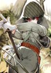  1girl bayonet belt black_hair blurry blurry_background canteen gloves helmet imperial_japanese_navy military military_uniform original outdoors red_eyes samazuka_mashiro solo uniform white_gloves 