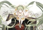  1girl bare_shoulders breasts collarbone dress flower gramophone_miku green_eyes green_hair hair_between_eyes hair_ornament hatsune_miku highres long_hair looking_at_viewer looking_up medium_breasts miku_symphony_(vocaloid) official_alternate_costume official_alternate_hairstyle open_mouth short_dress solo strapless strapless_dress tngn96 tutu twintails very_long_hair vocaloid white_dress white_flower 