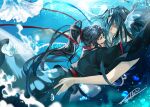  2boys ahoge air_bubble artist_name bishounen black_hair black_hanfu blue_scales bubble chinese_clothes closed_mouth couple fins floating_clothes floating_hair grey_eyes hair_ribbon hanfu head_fins highres hug korean_commentary lan_wangji long_hair long_sleeves looking_at_another male_focus merman modao_zushi monster_boy monsterification multiple_boys nave_mdzs open_mouth ponytail profile red_ribbon red_sash ribbon robe sash sidelocks signature smile submerged topless_male twitter_username underwater very_long_hair water watermark wei_wuxian wide_sleeves yaoi yellow_eyes 