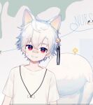  1boy animal_ears bandaid bandaid_on_face bandaid_on_nose dog_boy dog_ears lu_yejiu male_focus non-web_source pale_skin red_eyes tail white_animal_ears white_hair 