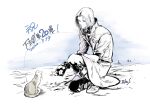  1boy boots cat coat commentary_request dated fingerless_gloves fire_emblem fire_emblem:_radiant_dawn fire_emblem_cipher gloves highres male_focus medium_hair monochrome on_one_knee signature spot_color suzuki_rika translation_request zihark_(fire_emblem) 