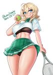  1girl absurdres ball black_bra black_panties black_sports_bra blonde_hair blush bra breasts cosplay covered_sideboob dated green_skirt grey_eyes hair_ornament hairclip highres kantai_collection katou_shinobu large_breasts long_hair looking_at_viewer minneapolis_(kancolle) minneapolis_(kancolle)_(cosplay) minneapolis_(tennis)_(kancolle) panties pleated_skirt polo_shirt racket shirt short_hair skirt smile solo sports_bra sportswear tennis tennis_ball tennis_racket tennis_skirt tennis_uniform tuscaloosa_(kancolle) twitter_username two_side_up underwear white_shirt 