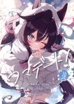  1girl :3 absurdres animal_ears arm_up bag blue_eyes blue_ribbon blush bow brown_hair brown_tail capelet commentary_request cover cover_page doujin_cover frilled_skirt frills fur-trimmed_capelet fur-trimmed_scarf fur_trim hair_between_eyes hair_ribbon hat head_tilt highres holding holding_bag horse_ears horse_girl horse_tail leaning_forward long_hair looking_at_viewer mole mole_under_eye nail_polish one_eye_closed outdoors parted_bangs pink_bow pink_nails pink_ribbon ribbon saboten_mushi scarf skirt snowflakes solo tail twintails umamusume very_long_hair vivlos_(umamusume) white_bag white_bow white_capelet white_hat white_scarf white_skirt 