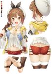  1girl :d absurdres ass atelier_(series) atelier_ryza blush breasts brown_gloves brown_hair brown_legwear cleavage collarbone feet from_behind gloves hair_ornament hairclip hat highres hyouta_(yoneya) jewelry large_breasts looking_at_viewer midriff navel necklace open_mouth red_shorts reisalin_stout short_hair short_shorts shorts simple_background single_glove smile solo star thighhighs thighs toeless_legwear toes upper_body white_background white_headwear white_legwear yellow_eyes 