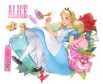  1girl alice_(disney) alice_in_wonderland_(disney) animal ano_(sbee) apron artist_name blonde_hair blue_dress blue_eyes bottle bug butterfly cat character_name cheshire_cat_(disney) commentary_request cup dress flower hair_ornament hair_ribbon highres leaf long_hair mary_janes mushroom paint pantyhose plant ribbon rose saucer shoes simple_background solo_focus tag tea teacup white_background white_pantyhose 