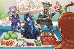  2boys 2girls absurdres ahoge animal_ears arm_tattoo armband asymmetrical_gloves backpack bag bare_shoulders bat_ears blue_eyes boots cabbage cacucu cape carrot citlali_(genshin_impact) coat collared_shirt cowboy_hat daikon dark-skinned_male dark_skin day earrings eyepatch facial_mark fingerless_gloves fingernails floating_headgear food forehead_mark genshin_impact gloves green_hair grey_hair guitar hair_between_eyes hat headgear heterochromia highres holding holding_guitar holding_instrument hood hood_up ifa_(genshin_impact) instrument jewelry leotard long_hair looking_at_another mavuika_(genshin_impact) mismatched_gloves multicolored_hair multicolored_hat multiple_boys multiple_girls music nahida_(genshin_impact) nail_polish neck_tattoo no_pupils onion open_clothes open_coat open_mouth ororon_(genshin_impact) outdoors pants partially_shaded_face pink_eyes playing_guitar playing_instrument pointing potato qucusaurus_(genshin_impact) radish red_hair ring_hair_ornament sakana_(fishchunk) sandals sarong scar scar_across_eye scar_on_arm scar_on_face shirt short_hair sitting tattoo toes tomato triangle triangle_facial_mark two-tone_hair vegetable vest wing_collar 