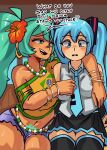  aqua_eyes aqua_hair arm_around_shoulder bare_shoulders bead_necklace beads blue_eyes blue_hair blush brazilian_flag brazilian_flag_print brazilian_miku dark-skinned_female dark_skin detached_sleeves english_text flag_print flower hair_between_eyes hair_flower hair_ornament hatsune_miku highres jewelry long_hair moxydraws necklace necktie shirt shorts skirt sleeveless tan thighhighs twintails very_long_hair vocaloid yellow_shirt 