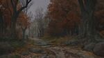  1girl armor autumn autumn_leaves cape cloud cloudy_sky cold dirt_road forest highres landscape leaf mud nature original painterly rain red_cape refiend road rock scenery sky stairs tree water_drop 