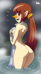  animal_humanoid avian avian_humanoid beak bigdead93 blush breasts brown_hair butt covering covering_self eyelashes female hair hi_res humanoid humanoid_pointy_ears light_skin long_hair medli nervous nintendo open_mouth open_smile partially_submerged ponytail red_eyes rito smile solo the_legend_of_zelda towel video_games water wind_waker 