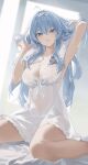  1girl absurdres after_bathing arms_behind_head arms_up blush breasts cleavage commentary_request dress frilled_nightgown goddess_of_victory:_nikke hair_intakes hairband helm_(nikke) helm_(post-shower_moment)_(nikke) highres large_breasts long_hair looking_at_viewer nightgown see-through_clothes see-through_dress see-through_nightgown sitting sleepwear smile solo thighs wariza white_hairband white_nightgown xuegao_ice 