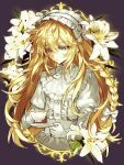  1girl absurdres alternate_costume bib_collar blonde_hair blue_eyes bow bowtie braid chinese_commentary closed_mouth colored_eyelashes commentary_request crossed_bangs cup dress expressionless eyelashes flower gloves hair_between_eyes hair_bow hairband highres holding holding_cup holding_saucer jcwlg juliet_sleeves lily_(flower) lolita_fashion lolita_hairband long_hair long_sleeves messy_hair puffy_sleeves purple_background rachel_gardner satsuriku_no_tenshi saucer solo teacup variant_set very_long_hair white_bow white_bowtie white_dress white_flower white_gloves 