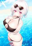  1girl arm_under_breasts azur_lane bangs bikini black_bikini black_choker blue_sky blush breast_hold breasts choker cleavage closed_mouth cloud cloudy_sky collarbone commentary_request day detached_sleeves eyebrows_visible_through_hair eyewear_on_head hair_between_eyes hands_up heart heart-shaped_eyewear highres koko_ne_(user_fpm6842) large_breasts long_sleeves looking_at_viewer navel o-ring o-ring_bikini o-ring_top outdoors puffy_long_sleeves puffy_sleeves red-framed_eyewear red_eyes scrunchie see-through see-through_sleeves short_hair sidelocks silver_hair sirius_(azur_lane) sky solo standing sunglasses swimsuit wading water white_scrunchie wrist_scrunchie 