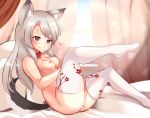  1girl :3 absurdres animal_ear_fluff animal_ears areolae azur_lane blush breasts chromatic_aberration closed_mouth collar commentary_request eyebrows_visible_through_hair floral_print from_side front-seamed_legwear heart highres leg_up legs long_hair looking_at_viewer looking_to_the_side medium_breasts moneko1107 nipples no_shoes print_curtains print_legwear red_collar red_curtains red_eyes seamed_legwear silver_hair smile solo star star_print tail thick_eyebrows thighhighs white_legwear yuudachi_(azur_lane) 