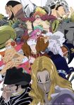  1girl 6+boys basil_hawkins blonde_hair brown_jacket buzz_cut capone_gang_bege cigar earrings eustass_kid facial_hair food fur_jacket goatee hand_on_own_hip hat hat_feather headphones highres hockey_mask holding holding_cigar holding_food holding_pizza jacket jewelry jewelry_bonney killer_(one_piece) kojima_takashi long_hair mask mechanical_arms multiple_boys official_art one_piece open_mouth pink_hair pizza scratchmen_apoo short_hair shorts sideburns simple_background single_mechanical_arm smile thighhighs third-party_source trafalgar_law urouge very_short_hair white_background wings x_drake 