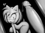  amy_rose angelauxes anthro big_breasts big_penis black_and_white bodily_fluids breasts disembodied_penis duo eulipotyphlan female genital_fluids hedgehog humanoid_penis looking_at_viewer male mammal monochrome nude penis precum side_boob solo_focus sonic_(series) wide_eyed 