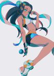  1girl armlet black_hair blue_eyes blue_hair breasts commentary_request dark_skin earrings eyelashes fingernails gloves gym_leader hair_ornament highres hoop_earrings jewelry long_fingernails long_hair looking_at_viewer midriff multicolored_hair nail_polish najuco_(naju0517) necklace poke_ball pokemon pokemon_(game) pokemon_swsh rurina_(pokemon) sandals simple_background solo swimsuit tankini 