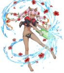  1girl bangs bare_legs barefoot bikini black_bikini black_jacket breasts criss-cross_halter cropped_jacket dark_skin eyebrows_visible_through_hair fire_emblem fire_emblem_heroes flower full_body fur_trim gradient gradient_hair hair_flower hair_ornament halterneck hibiscus highres holding jacket laevateinn_(fire_emblem_heroes) long_hair looking_away medium_breasts multicolored_hair navel official_art open_mouth orange_hair petals pink_hair plant red_eyes saitou_masatsugu shiny shiny_hair short_sleeves sidelocks solo stomach swimsuit toes transparent_background twintails v-shaped_eyebrows vines water water_drop 