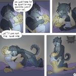 anthro artist_logo bed black_clothing black_hair black_shirt black_topwear blonde_hair blue_eyes border_collie bottomwear brow_eyes canid canine canis censored clothing collie comic dialogue domestic_dog duo english_text eyes_closed fur furniture grey_body grey_fur hair herding_dog hi_res husky hybrid jeremy_(kriek_wildebeest) kissing kriek_wildebeest logo male male/male mammal nordic_sled_dog on_bed page_number pajamas pants pastoral_dog removing_pants removing_shirt sheepdog shirt speech_bubble spitz tail text tom_(kriek_wildebeest) topwear unbuttoning undressing_another wolf yellow_body yellow_fur