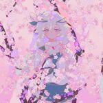  1girl ahoge braid cherry_blossoms commentary cookie_run cookie_run:_kingdom cowboy_shot double-parted_bangs envelope film_grain flower green_neckerchief green_sailor_collar green_skirt hair_between_eyes hands_up heart holding holding_envelope humanization leaf long_hair looking_at_viewer miniskirt neckerchief official_alternate_costume outdoors pink_eyes pink_flower pleated_skirt purple_sky reed sailor_collar school_uniform shirt short_sleeves simple_background skirt sky solo standing straight-on summer_uniform symbol-only_commentary tree twin_braids upturned_eyes very_long_hair white_hair white_lily white_lily_cookie white_shirt 