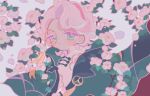  1boy androgynous aqua_eyes blush camellia_cookie closed_mouth collared_jacket collared_shirt colored_eyelashes commentary cookie_run cookie_run:_kingdom flower green_jacket grey_background hair_behind_ear humanization jacket looking_at_viewer male_focus monocle multicolored_hair open_clothes open_jacket outline pink_eyes pink_outline reed shirt short_hair simple_background smile solo streaked_hair symbol-only_commentary two-tone_hair upper_body white_eyelashes white_flower white_hair white_shirt 