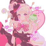  2girls :d ^_^ arrow_(projectile) back_bow bare_shoulders black_dress black_gloves blue_lily_cookie blue_lily_cookie_(sweet_heartmender) bow bowtie brown_bow closed_eyes closed_mouth commentary cookie_run cookie_run:_ovenbreak curly_hair dress elbow_gloves fairy fairy_wings film_grain gloves green_hair hair_between_eyes hands_up heart high_side_ponytail holding humanization lilybell_cookie long_hair looking_at_viewer mini_person minigirl multicolored_hair multiple_girls official_alternate_costume official_alternate_hair_color official_alternate_hairstyle open_mouth pink_bow pink_bowtie pink_brooch pink_dress pink_eyes pink_hair reed short_hair side_ponytail simple_background sleeveless sleeveless_dress smile solo_focus streaked_hair striped_bow sweatdrop symbol-only_commentary two-sided_dress two-sided_fabric two-tone_hair v-shaped_eyebrows white_background white_hair wings yellow_bow 