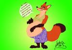  3_toes bottomwear canid canine clothing conditional_dnp dialogue dipstick_tail disney fox looking_at_viewer male_pregnancy mammal multicolored_tail nick_wilde outie paws pregnant shirt shorts smile solo tank_top tanookicatoon toes topwear zootopia 