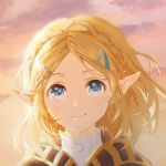  1girl blonde_hair blue_eyes blush braid cape cloud commentary hair_ornament hairclip hood hood_down hooded_cape light_particles looking_at_viewer outdoors pointy_ears portrait princess_zelda shangguan_feiying shirt short_hair smile solo sparkle sunset the_legend_of_zelda the_legend_of_zelda:_breath_of_the_wild the_legend_of_zelda:_breath_of_the_wild_2 white_shirt 