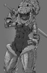  2019 abs anthro armor biped bovid braided_hair breasts caprine clothing curled_hair digital_media_(artwork) female fur gauntlets gloves grey_background hair hand_on_hip handwear hi_res holding_object holding_weapon horn mammal melee_weapon monochrome muscular muscular_female napalm_express navel nintendo pauldron pok&eacute;mon pok&eacute;mon_(species) portrait pussy scowl signature simple_background small_breasts solo sword three-quarter_portrait under_boob video_games weapon wooloo 