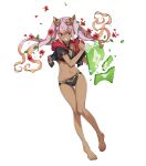  1girl bangs bare_legs barefoot bikini black_bikini black_jacket clenched_teeth criss-cross_halter cropped_jacket dark_skin eyebrows_visible_through_hair fire_emblem fire_emblem_heroes flower full_body fur_trim gradient gradient_hair hair_flower hair_ornament halterneck hibiscus highres holding jacket laevateinn_(fire_emblem_heroes) leaf long_hair multicolored_hair navel official_art orange_hair parted_lips petals pink_hair plant red_eyes saitou_masatsugu shiny shiny_hair short_sleeves sidelocks solo stomach swimsuit teeth toes torn_clothes transparent_background twintails vines 