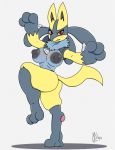  2019 3_fingers 3_toes annoyed areola big_breasts big_butt blue_fur blush breasts butt canid canine chest_tuft digital_media_(artwork) female fur hi_res huge_breasts lucario mammal meatboom neck_tuft nintendo nipples nude pawpads pok&eacute;mon pok&eacute;mon_(species) pose red_eyes shiny_pok&eacute;mon signature simple_background snout solo spikes standing teeth toes tuft video_games white_background yellow_fur 