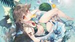  1girl ahoge alternate_costume barefoot bikini black_wings bow breasts brown_hair collarbone crossed_legs feathered_wings food food_in_mouth fruit green_bikini green_bow hair_bow halterneck innertube long_hair looking_at_viewer medium_breasts navel popsicle popsicle_in_mouth radiation_symbol red_eyes reiuji_utsuho shoulder_tattoo signature solo swim_ring swimsuit tattoo thigh_strap third_eye touhou toutenkou twitter_username very_long_hair water watermark watermelon wet wet_hair wings 