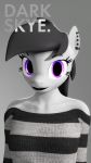  2019 3d_(artwork) 9:16 absurd_res anthro black_lips breasts clothed clothing darkskye_(artist) darkskye_(character) digital_media_(artwork) ear_piercing equid equine eyelashes fan_character female grey_hair hair hi_res horse looking_at_viewer mammal my_little_pony piercing pony purple_eyes smile solo source_filmmaker sweater topwear 