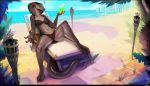  2019 3_toes 5_fingers anthro beach beverage bikini bottomwear catcouch claws clothed clothing detailed_background fan_character female looking_at_viewer lying navel reptile scalie seaside smile snake solo swimwear toes tongue water 